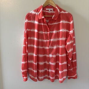 Foxcroft Tie Dye Button Up Shirt Red Roll Tab Sleeves Top Womens Sz 16
